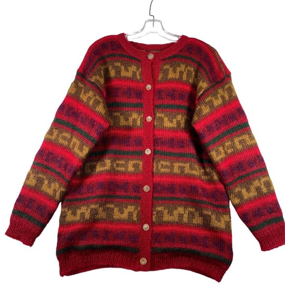 Eddie Bauer Sweaters - VTG Eddie Bauer Womens Mohair Cardigan Sweater Size M Red Fair Isle Button Lined